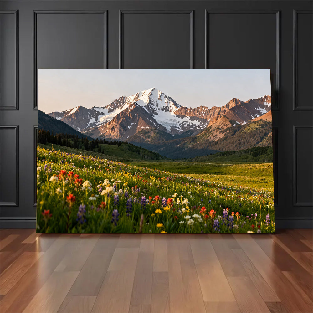 Wildflower Meadow below Peaks canvas wall art, floor display mockup.