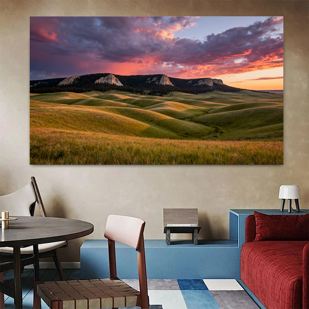 Stormy Sunset over Golden Hills canvas wall art, living dining room mockup.