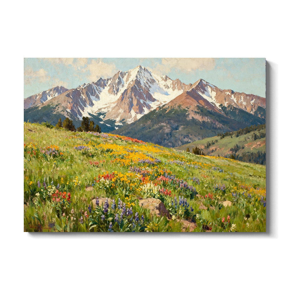 Alpine Meadow in Bloom canvas wall art, front view on a white background.