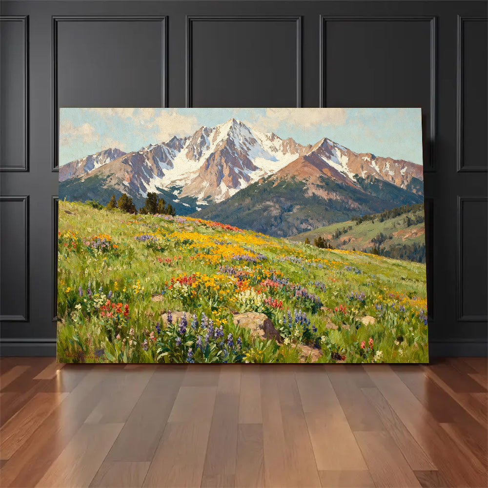 Alpine Meadow in Bloom canvas wall art, floor display mockup.