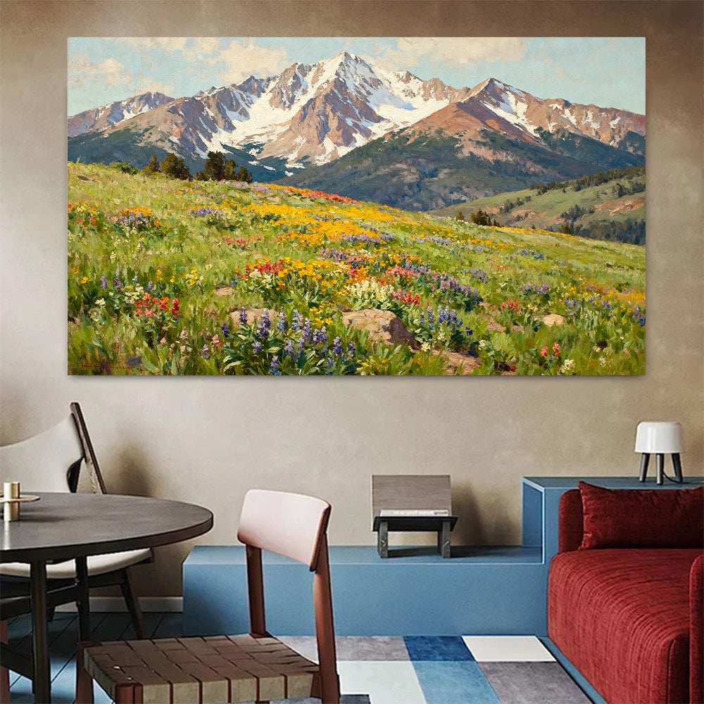 Alpine Meadow in Bloom canvas wall art, living dining room mockup.