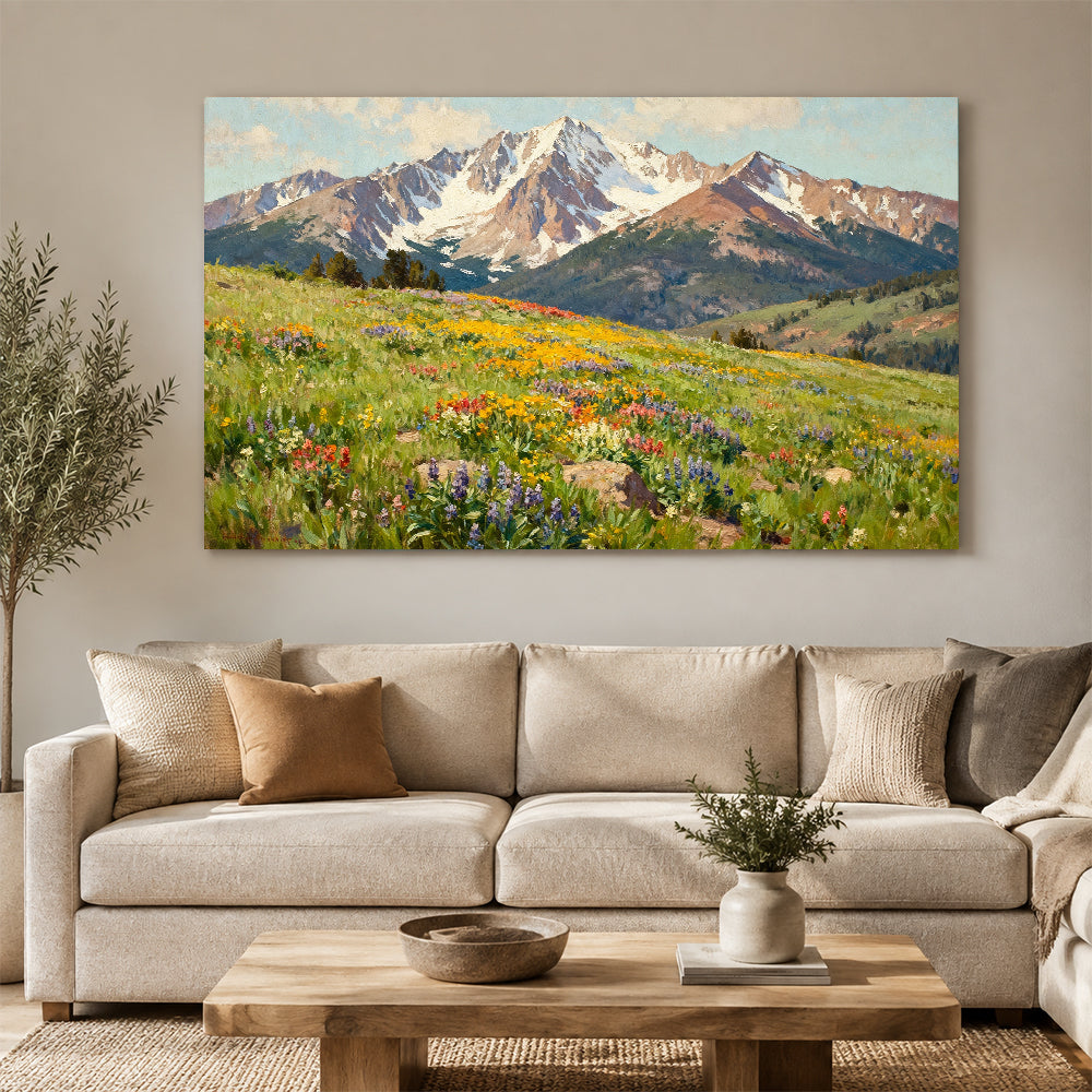 Alpine Meadow in Bloom canvas wall art, living room mockup.