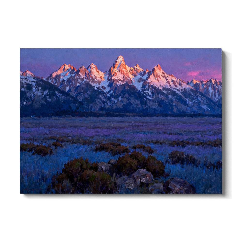 Violet Prairie beneath Snowy Peaks canvas wall art, front view on a white background.