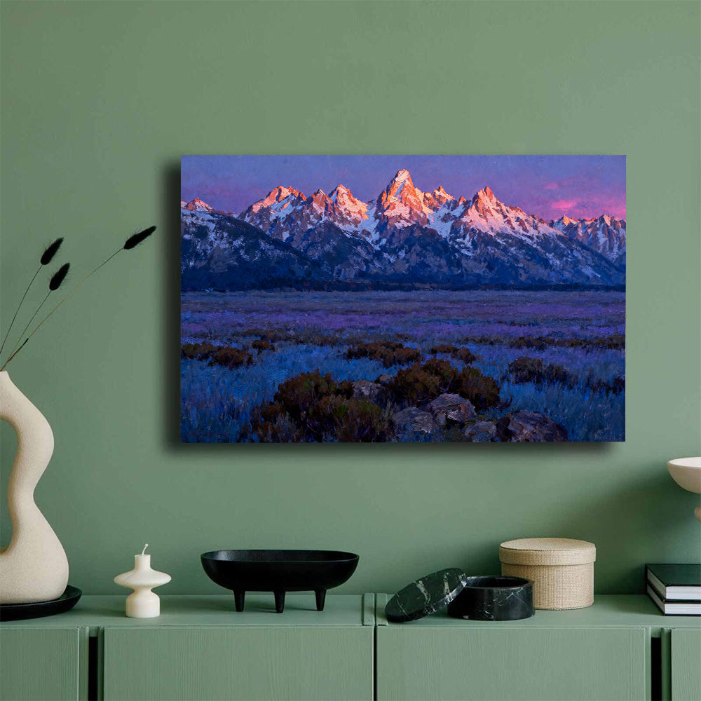 Violet Prairie beneath Snowy Peaks canvas wall art, green wall mockup.