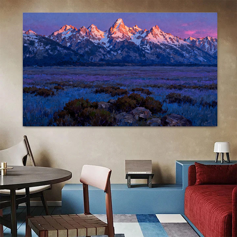 Violet Prairie beneath Snowy Peaks canvas wall art, living dining room mockup.