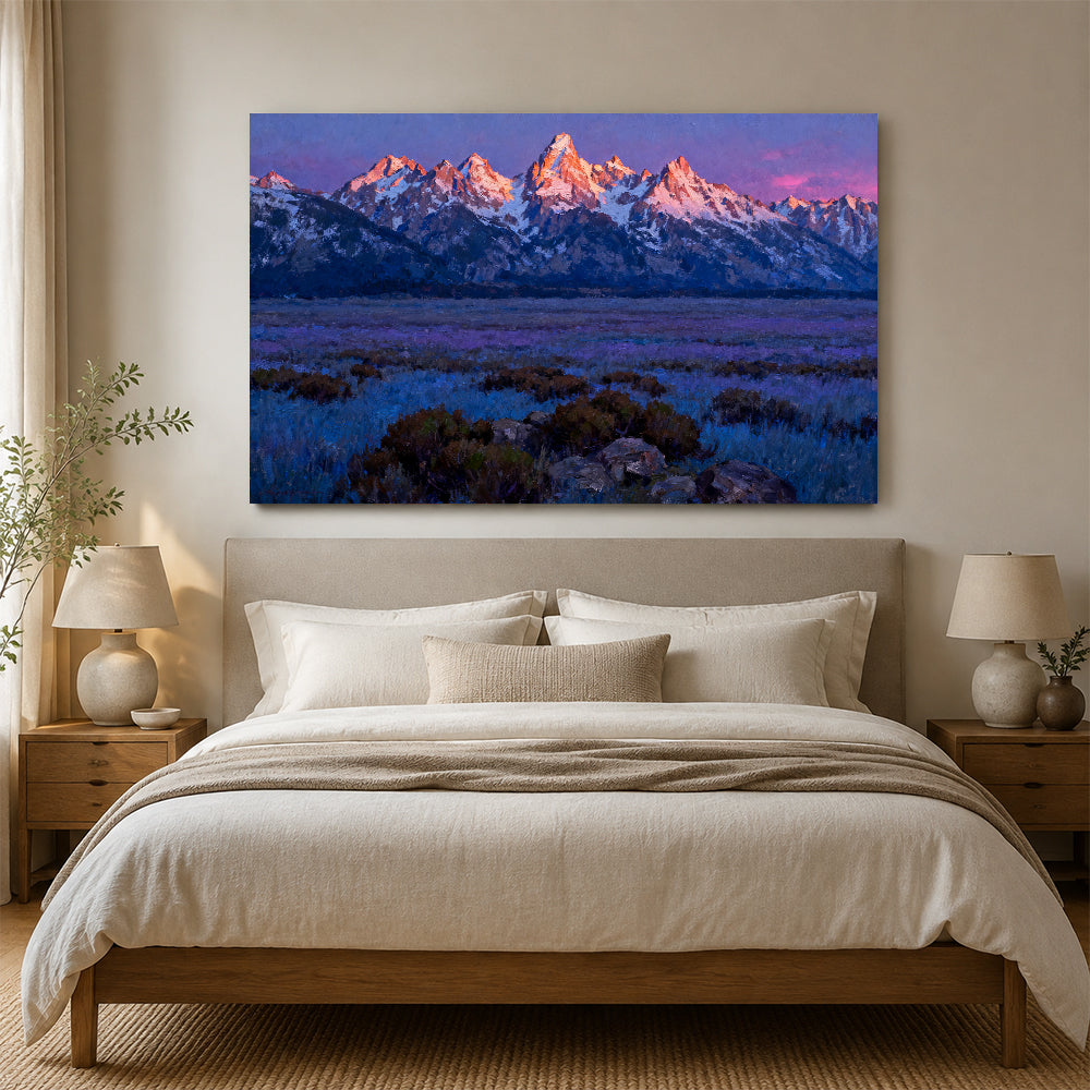 Violet Prairie beneath Snowy Peaks canvas wall art, bedroom mockup.