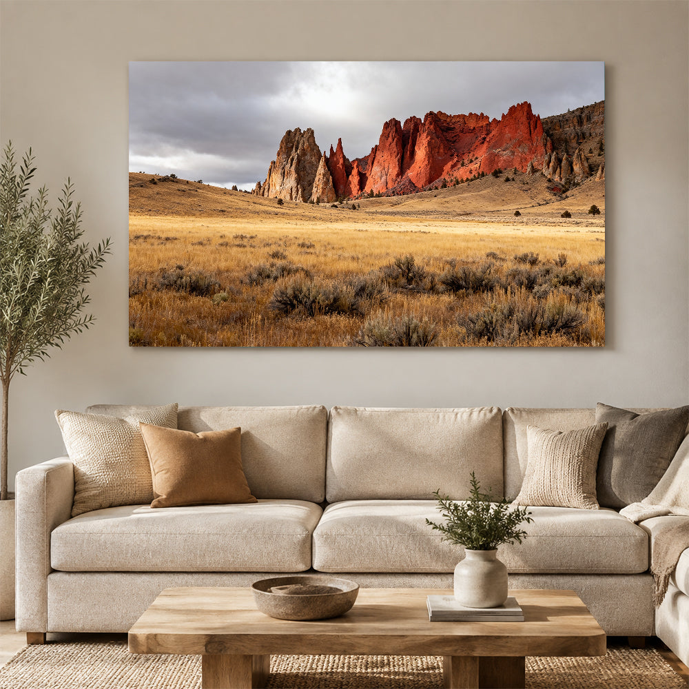 Golden Grass and Red Rock Walls canvas wall art, living room mockup.