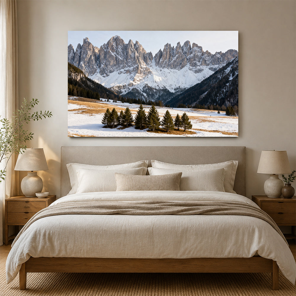 Jagged Peaks above a Snowy Meadow canvas wall art, bedroom mockup.