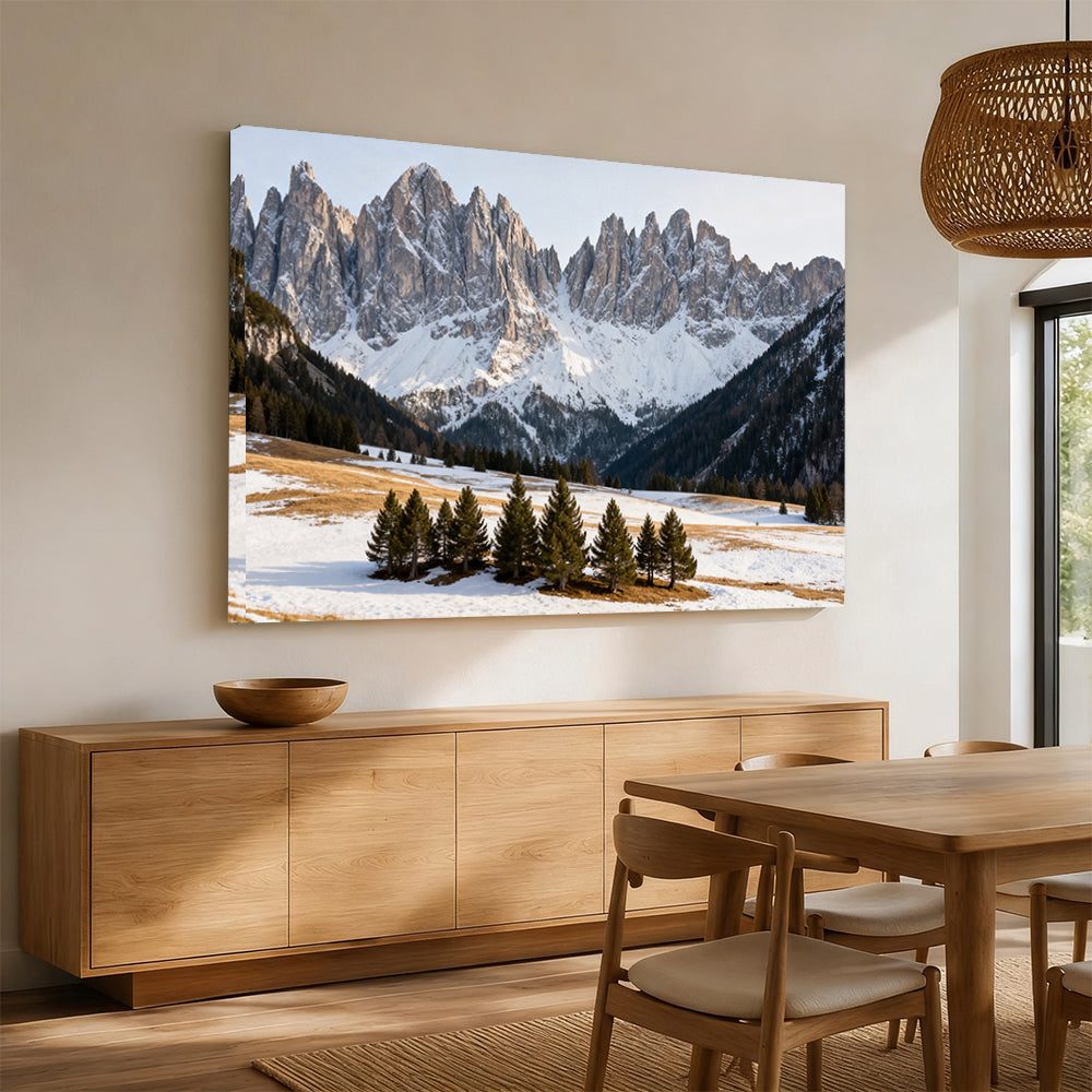 Jagged Peaks above a Snowy Meadow canvas wall art, dining room mockup.