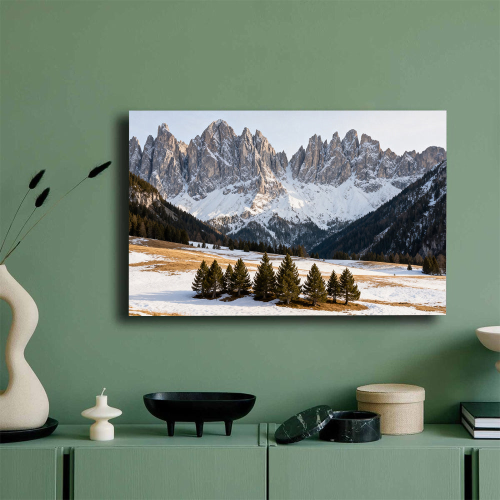 Jagged Peaks above a Snowy Meadow canvas wall art, green wall mockup.
