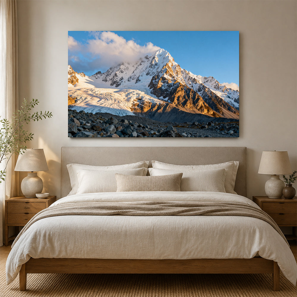 Clouds over a Golden Snow Peak canvas wall art, bedroom mockup.