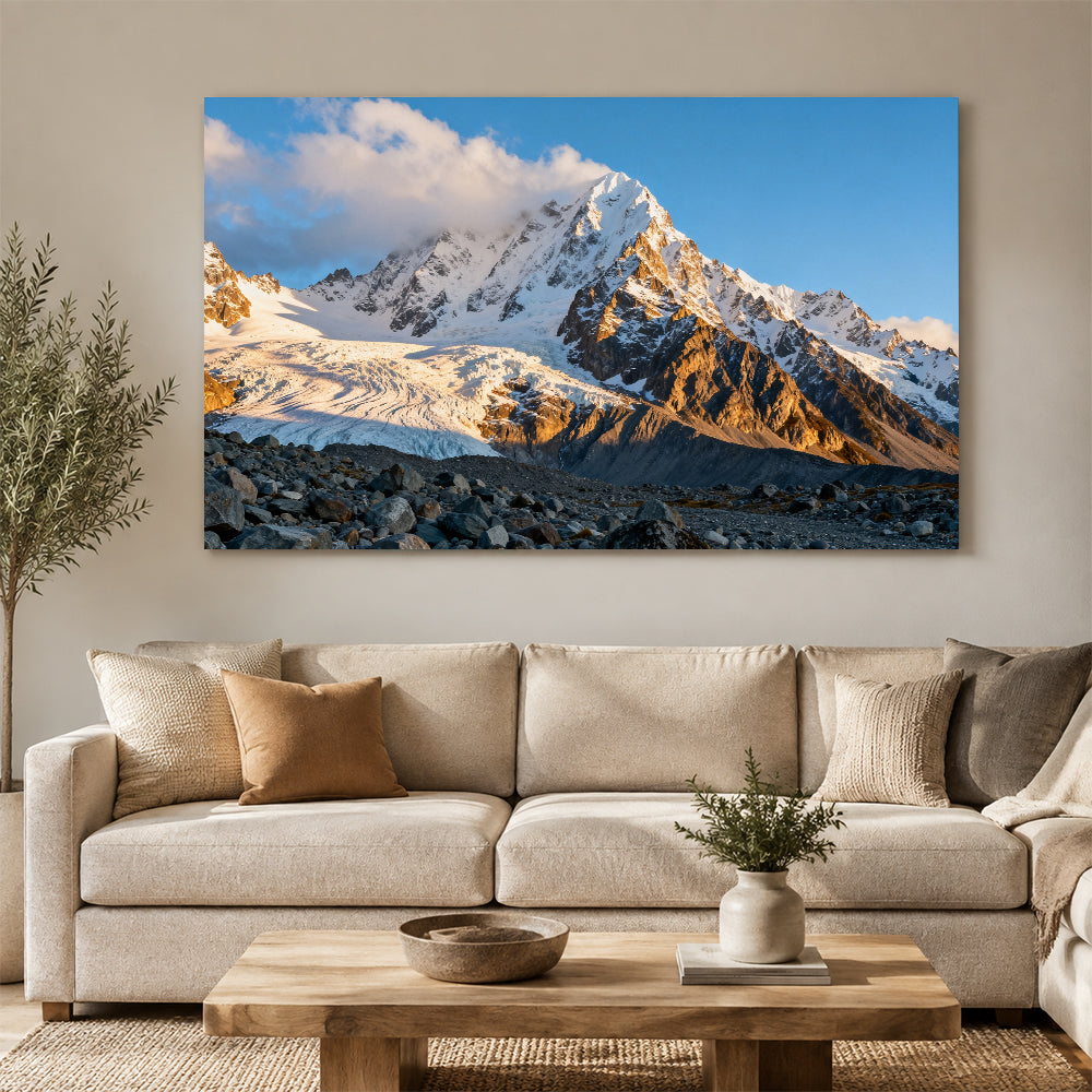Clouds over a Golden Snow Peak canvas wall art, living room mockup.