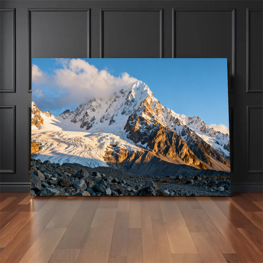 Clouds over a Golden Snow Peak canvas wall art, floor display mockup.