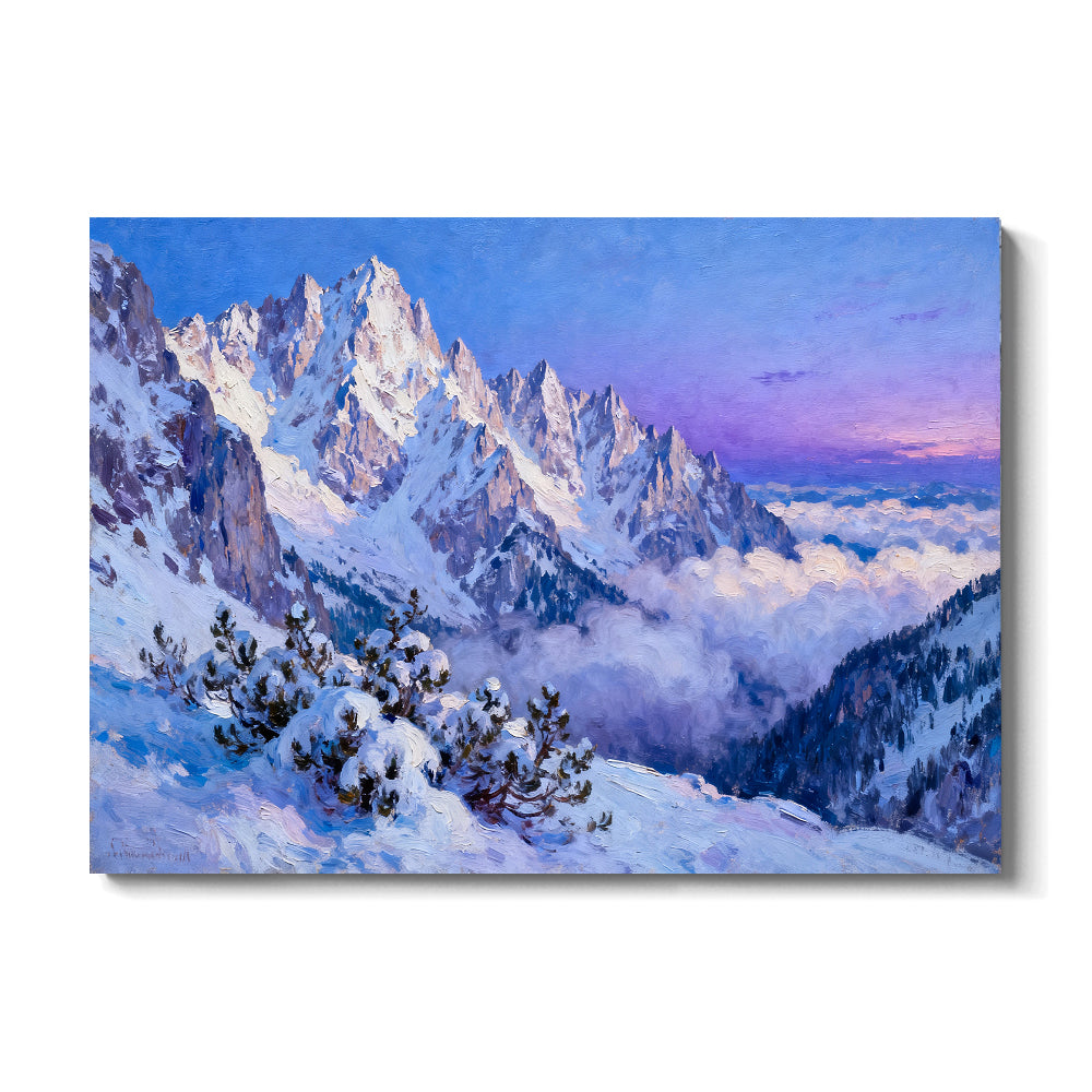 Rose Light across Snowy Spires canvas wall art, front view on a white background.