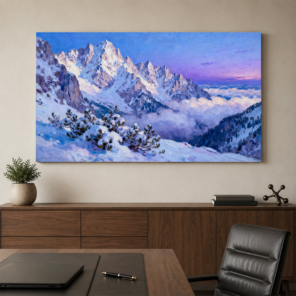 Rose Light across Snowy Spires canvas wall art, office mockup.