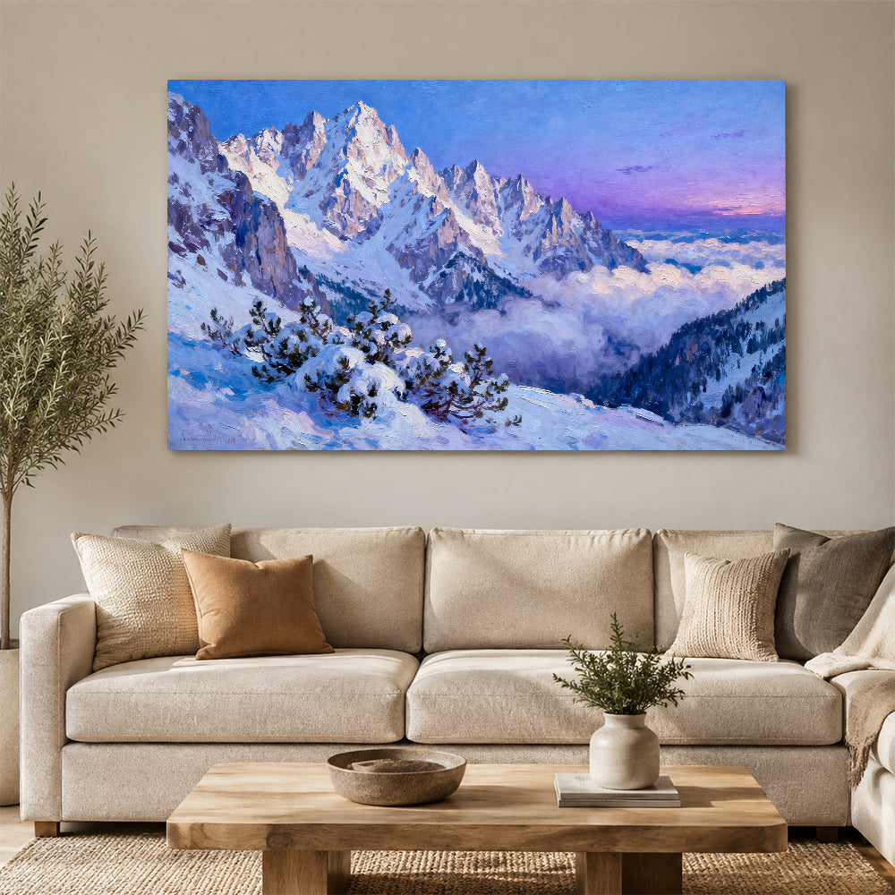 Rose Light across Snowy Spires canvas wall art, living room mockup.