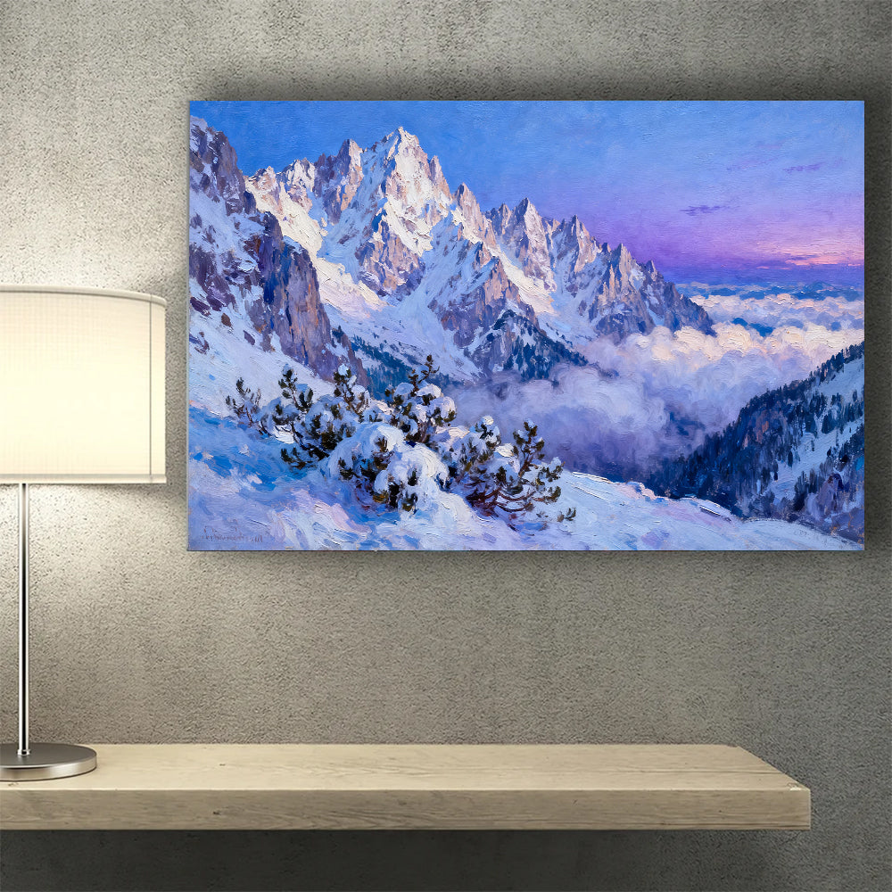 Rose Light across Snowy Spires canvas wall art, desk mockup.