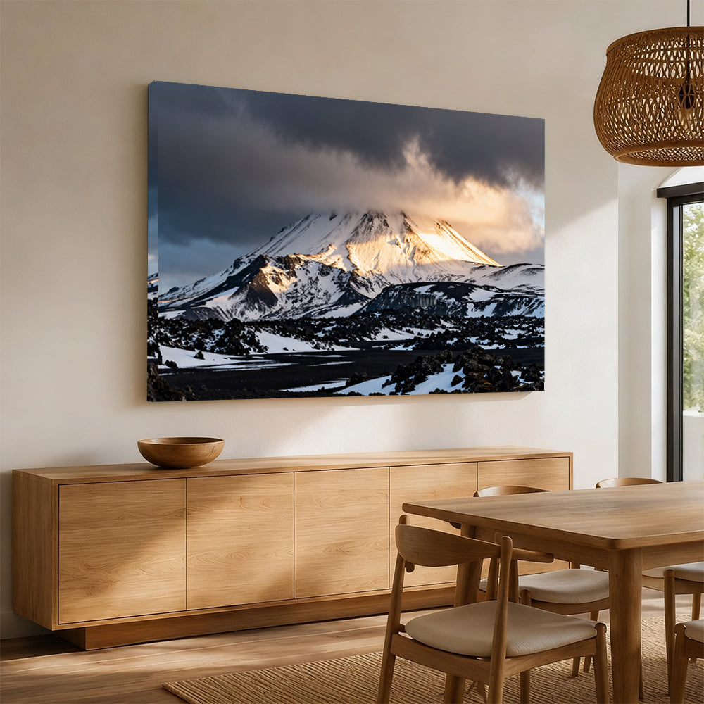 Stormlight on a Snowy Volcano canvas wall art, dining room mockup.