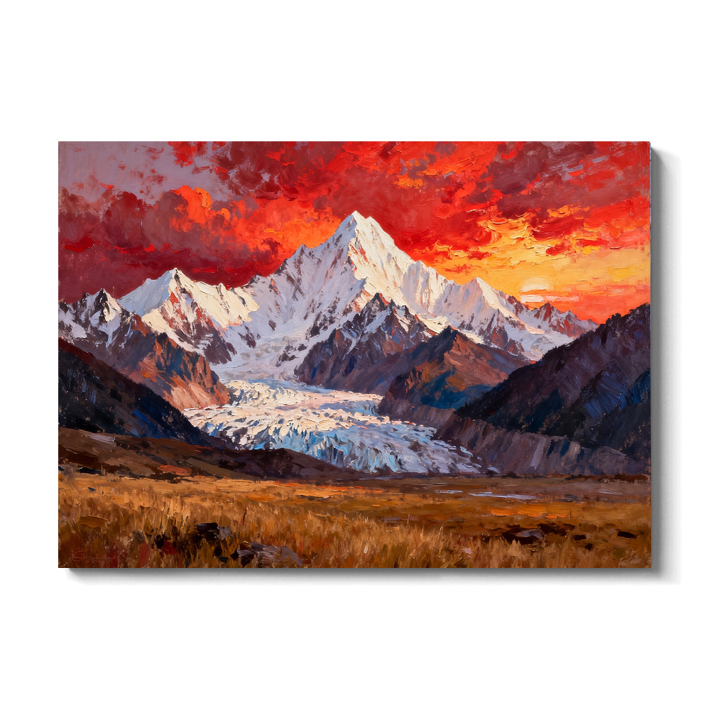 Fiery Sky above a Glacier Valley canvas wall art, front view on a white background.