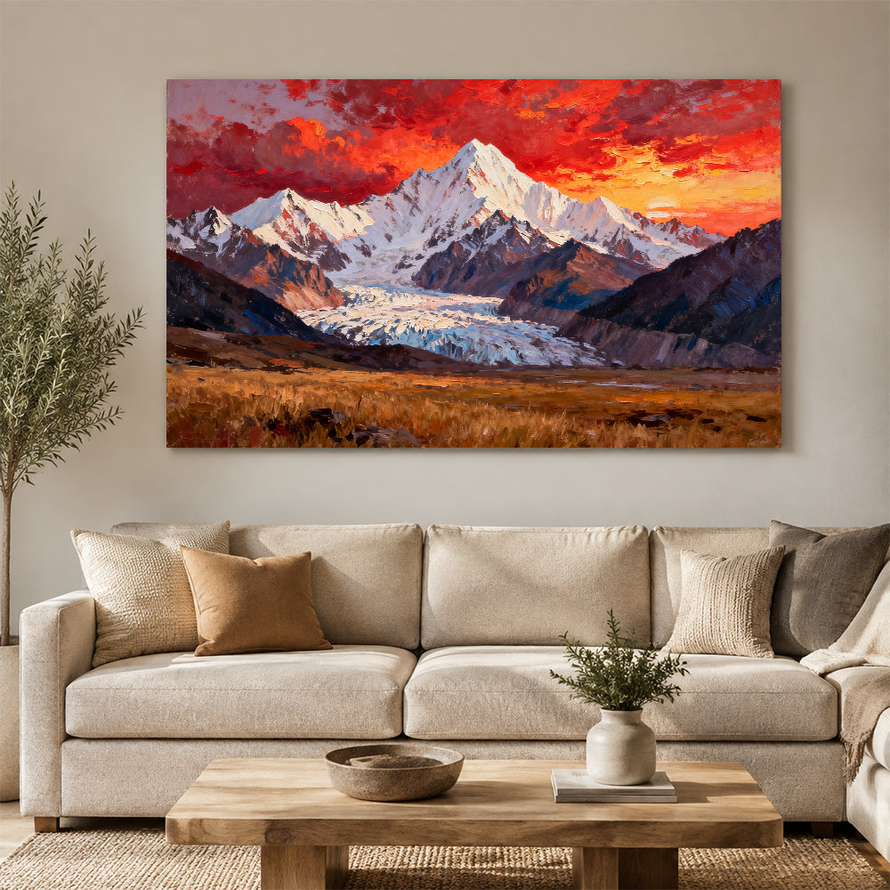 Fiery Sky above a Glacier Valley canvas wall art, living room mockup.