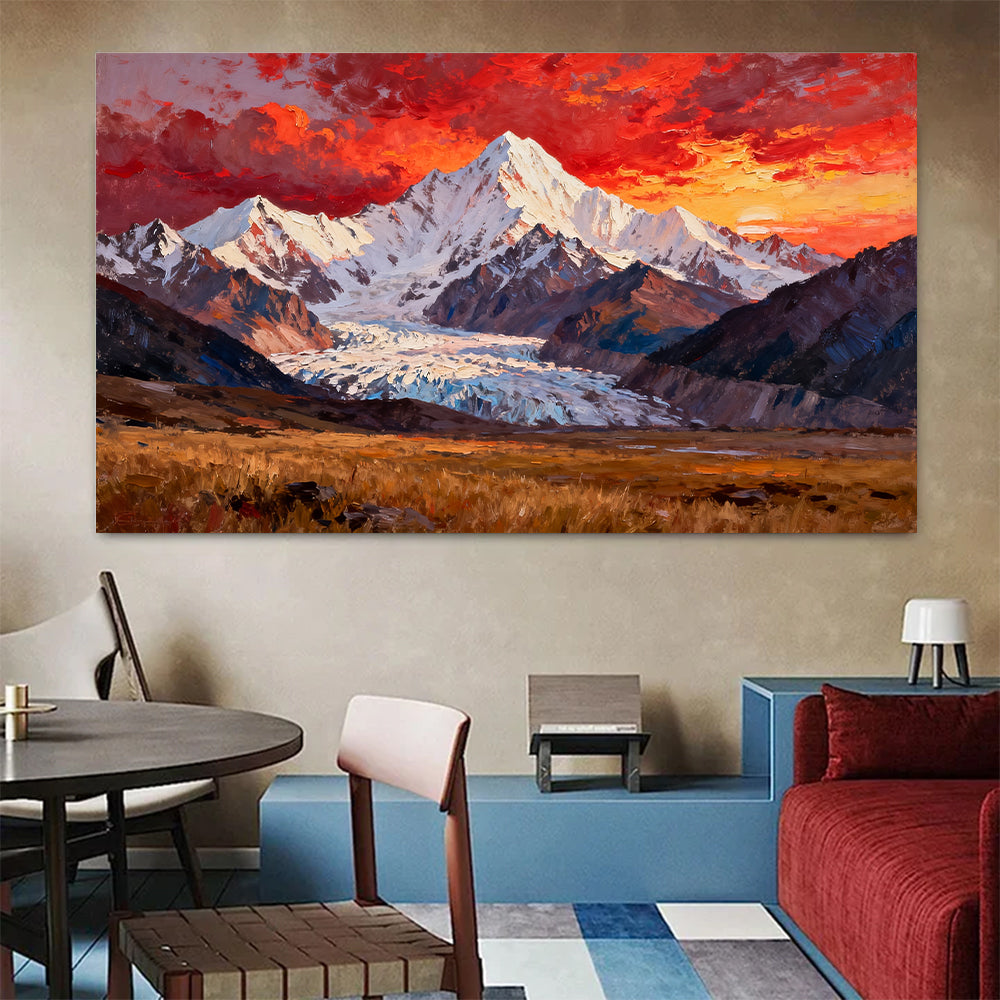 Fiery Sky above a Glacier Valley canvas wall art, living dining room mockup.