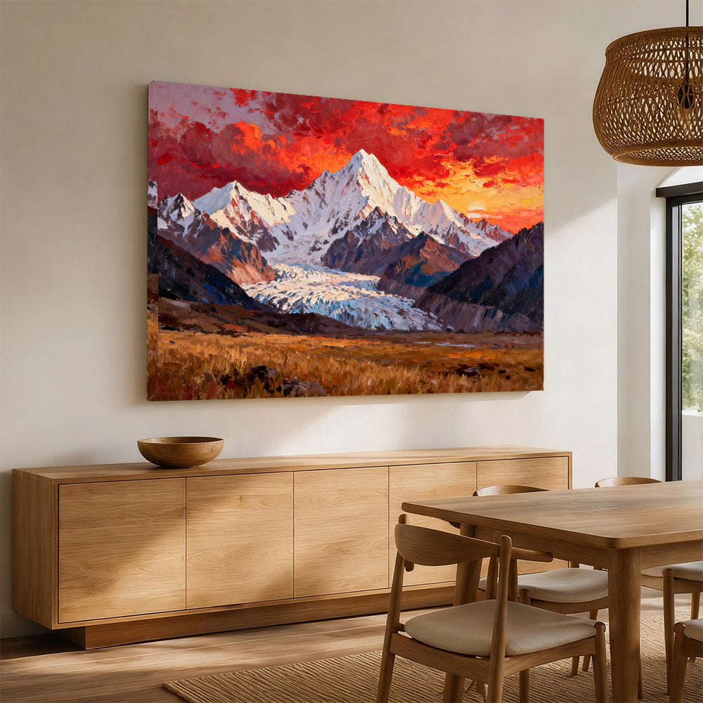 Fiery Sky above a Glacier Valley canvas wall art, dining room mockup.