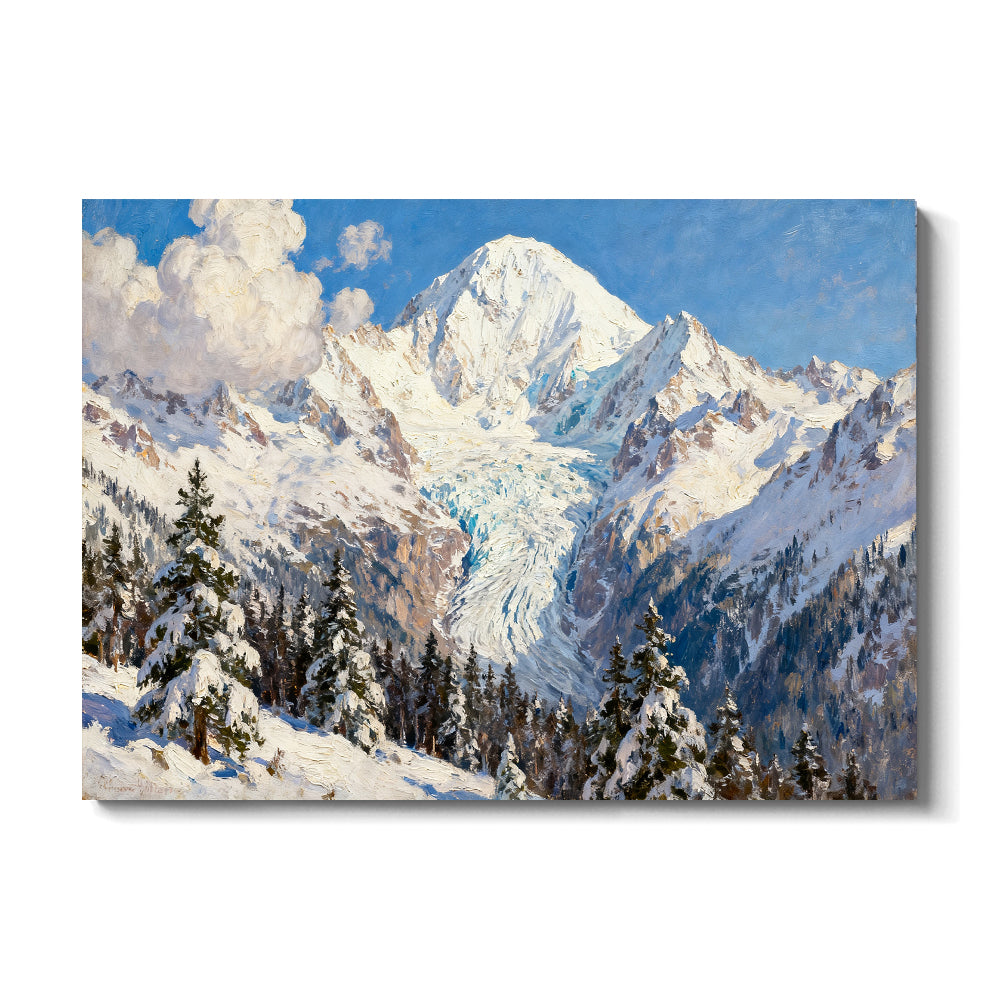Snowy Forest below Alpine Peaks canvas wall art, front view on a white background.