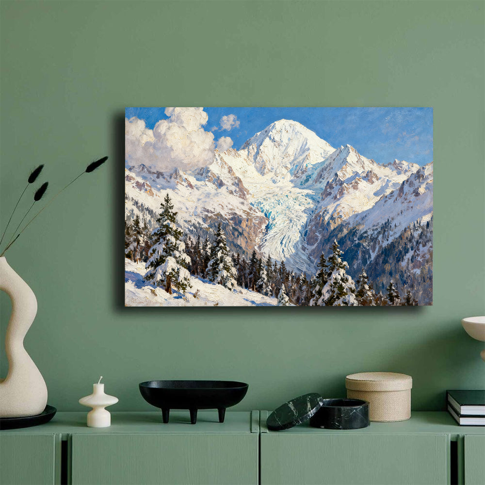 Snowy Forest below Alpine Peaks canvas wall art, green wall mockup.