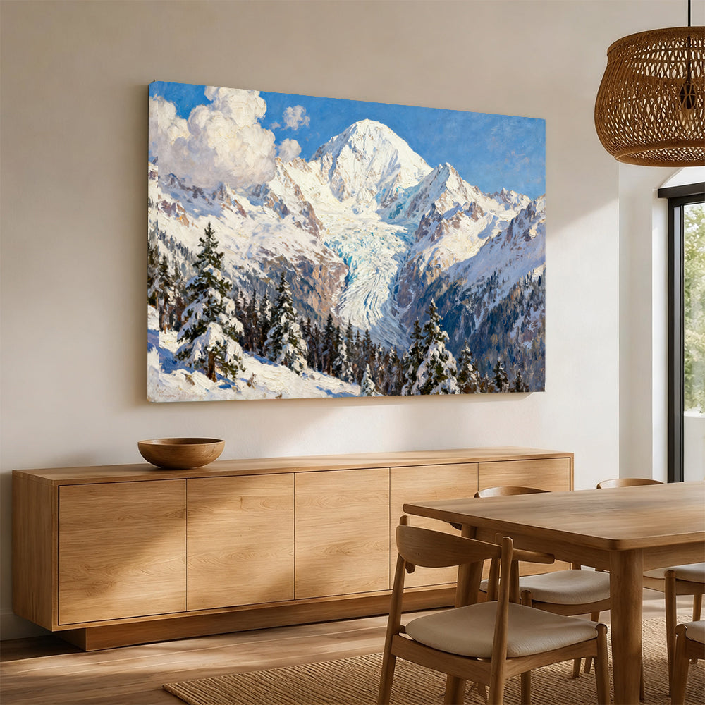 Snowy Forest below Alpine Peaks canvas wall art, dining room mockup.