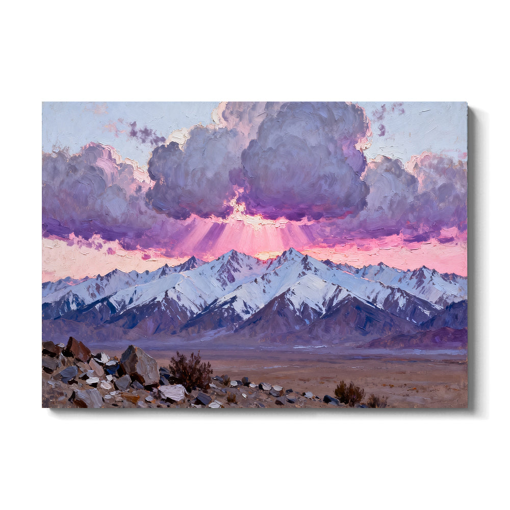 Purple Dusk over a Snowy Plateau canvas wall art, front view on a white background.