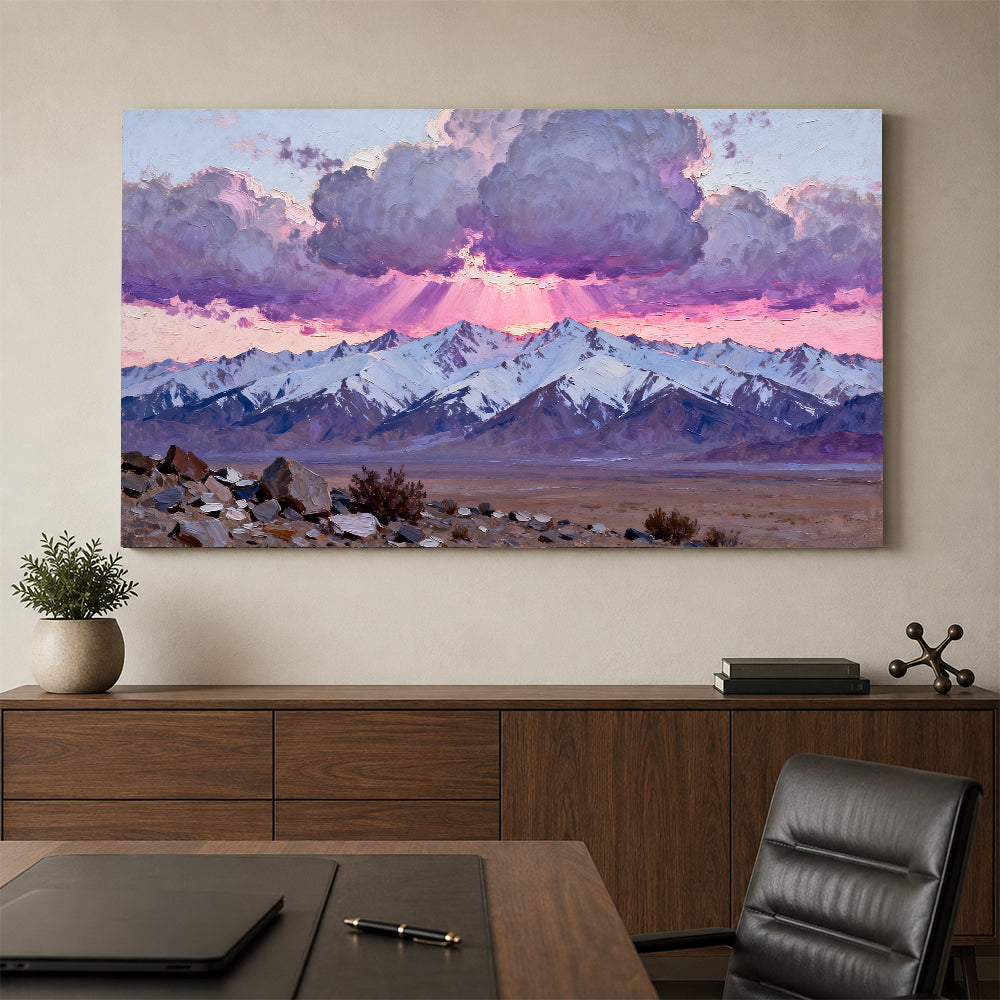 Purple Dusk over a Snowy Plateau canvas wall art, office mockup.