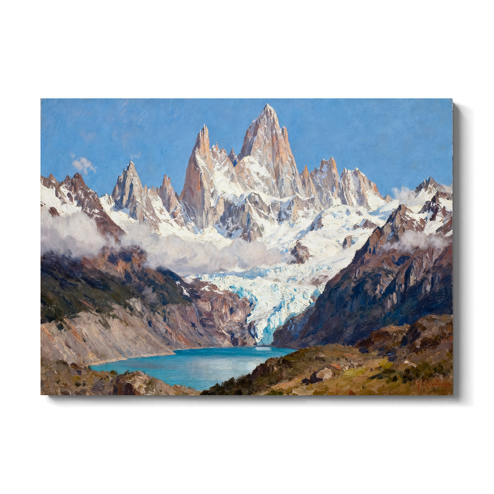 Snowy Spires and Blue Glacial Water canvas wall art, front view on a white background.