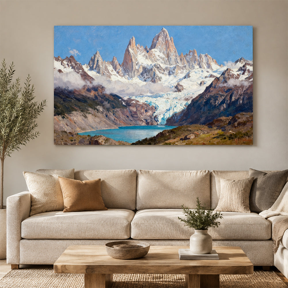 Snowy Spires and Blue Glacial Water canvas wall art, living room mockup.