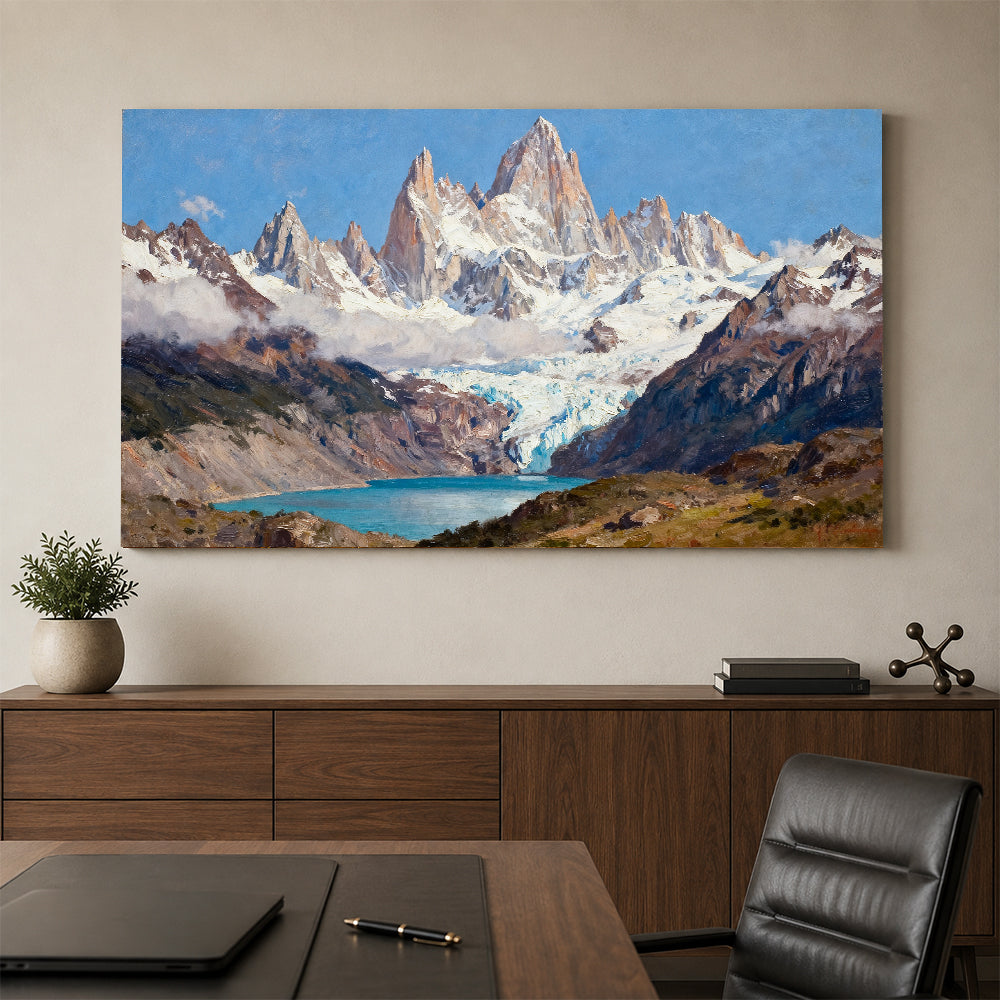 Snowy Spires and Blue Glacial Water canvas wall art, office mockup.