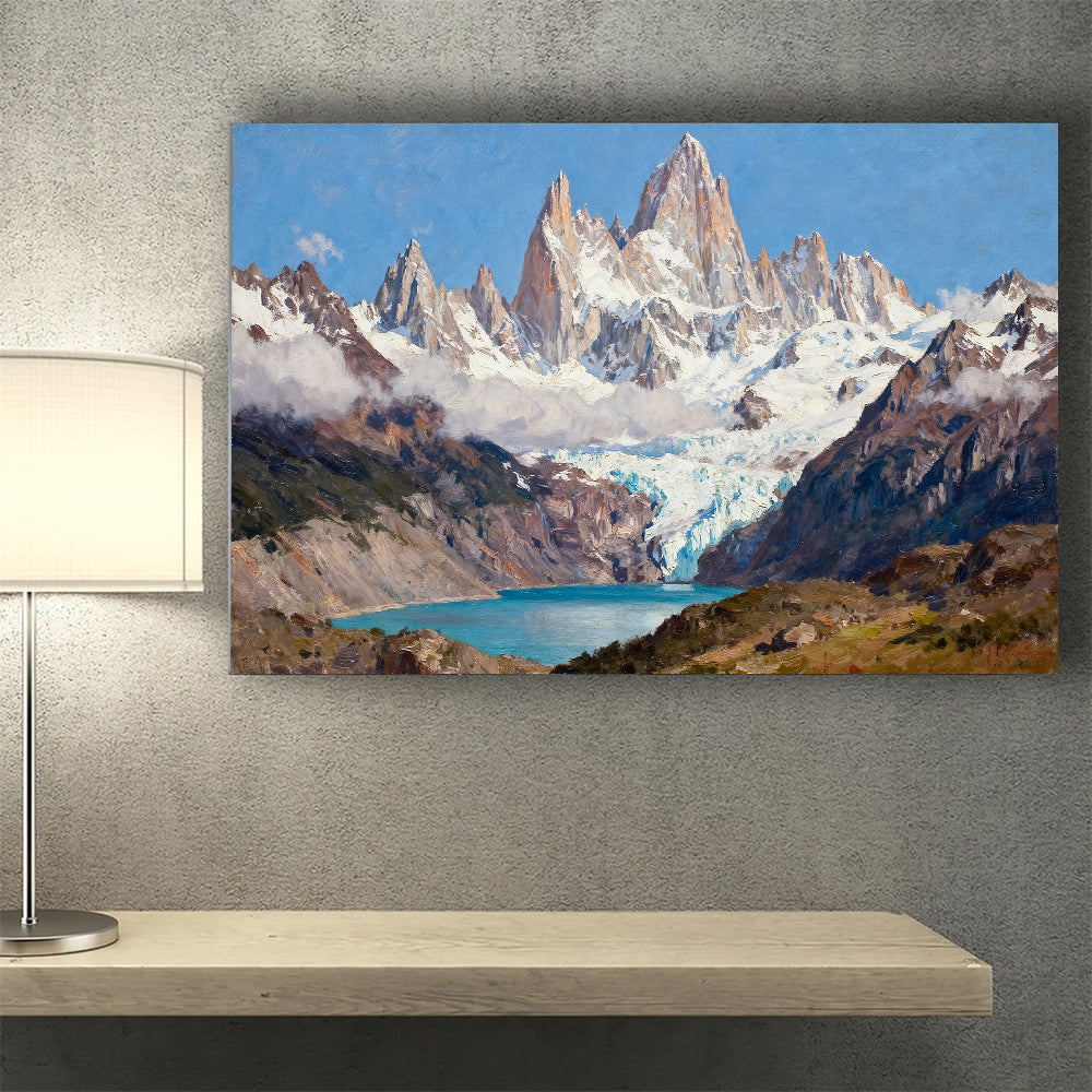 Snowy Spires and Blue Glacial Water canvas wall art, desk mockup.