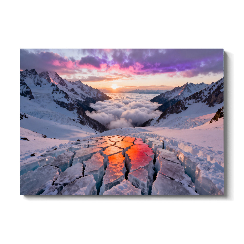 Sunset Reflections in Glacier Cracks canvas wall art, front view on a white background.