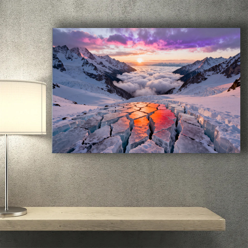 Sunset Reflections in Glacier Cracks canvas wall art, desk mockup.