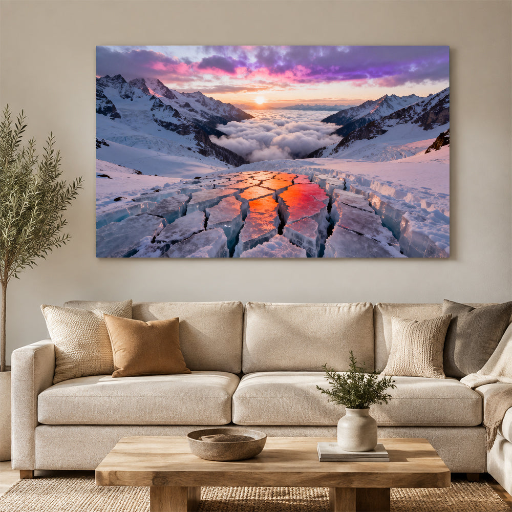 Sunset Reflections in Glacier Cracks canvas wall art, living room mockup.