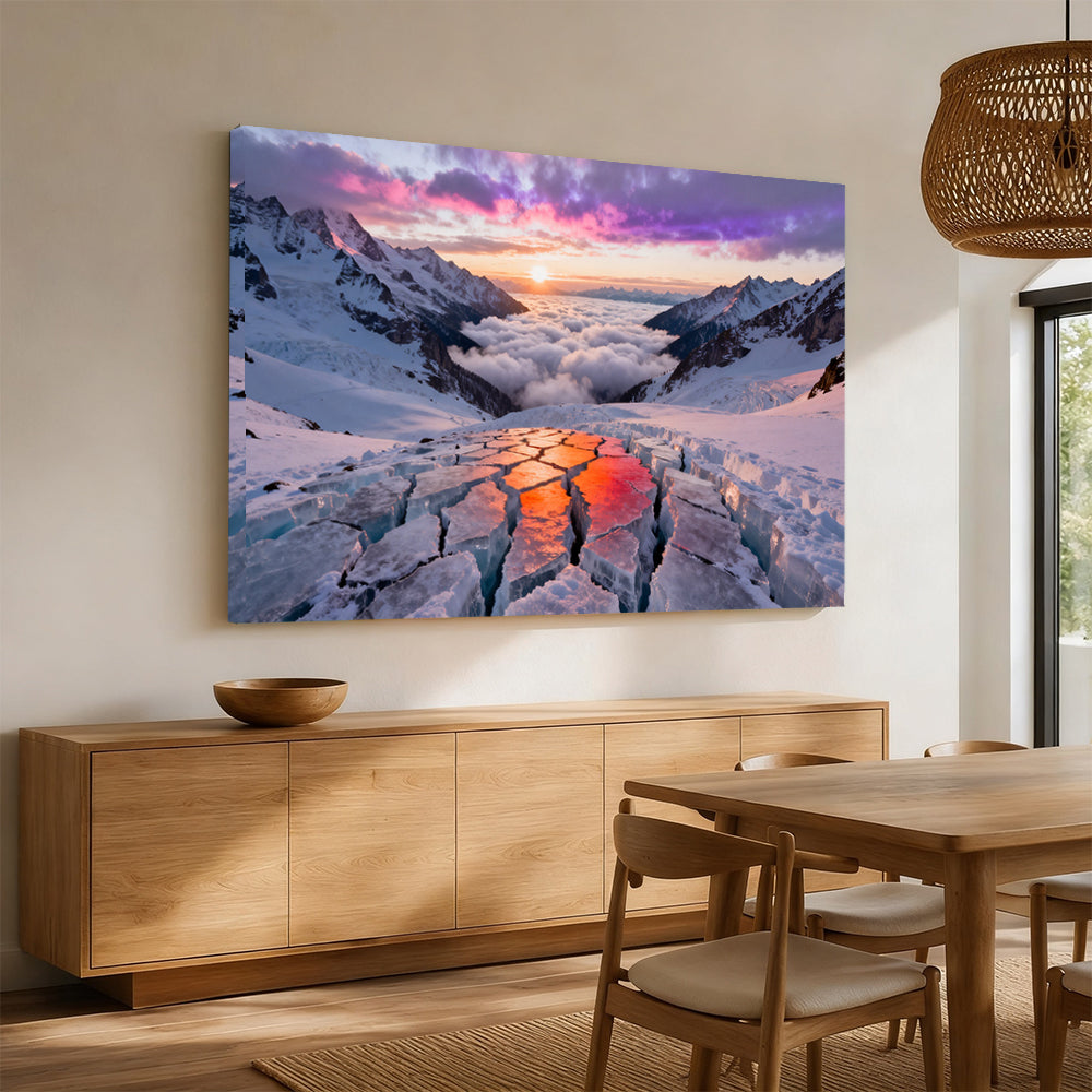 Sunset Reflections in Glacier Cracks canvas wall art, dining room mockup.