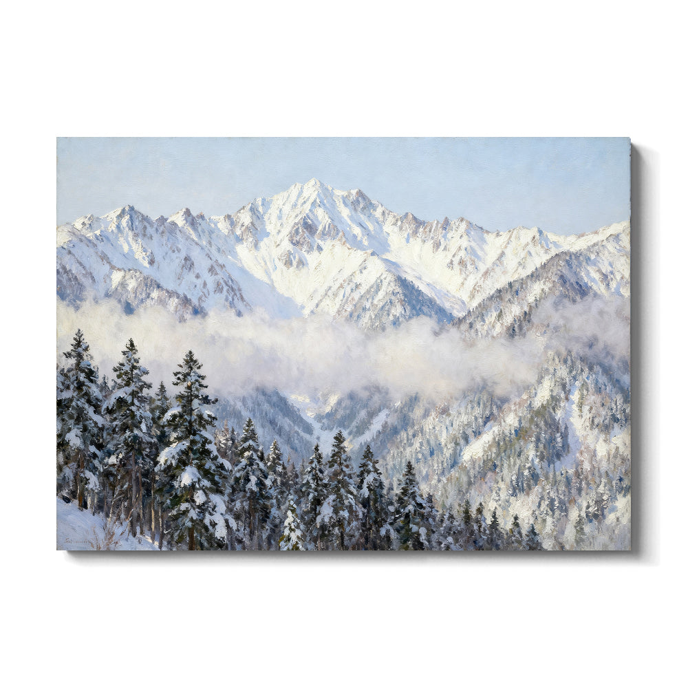 Mist across a Snowy Pine Forest canvas wall art, front view on a white background.