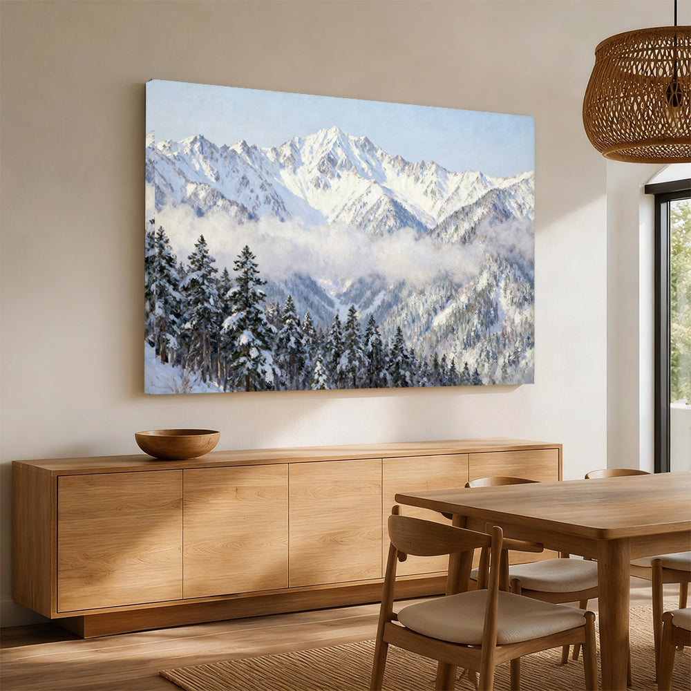 Mist across a Snowy Pine Forest canvas wall art, dining room mockup.