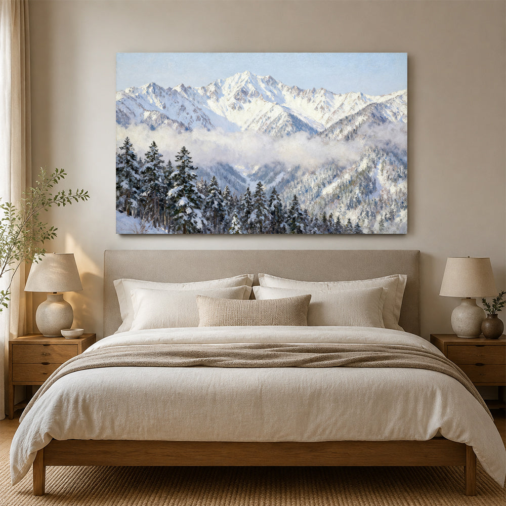 Mist across a Snowy Pine Forest canvas wall art, bedroom mockup.