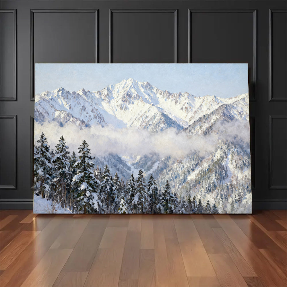 Mist across a Snowy Pine Forest canvas wall art, floor display mockup.