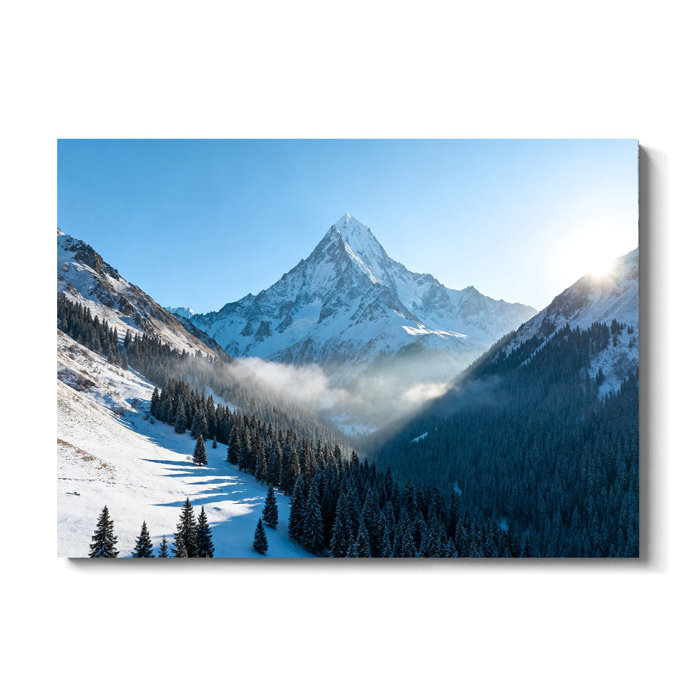 Blue Mountain above a Winter Valley canvas wall art, front view on a white background.