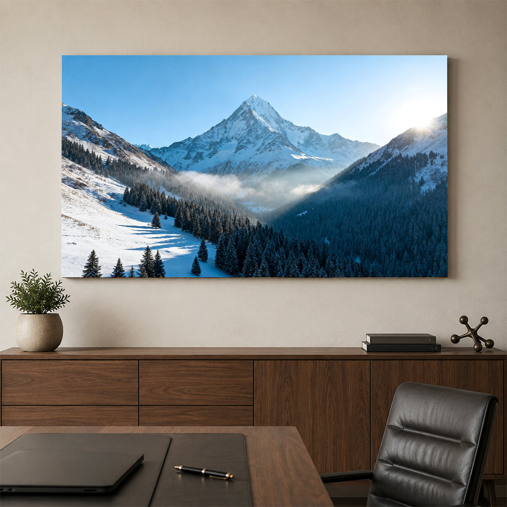 Blue Mountain above a Winter Valley canvas wall art, office mockup.