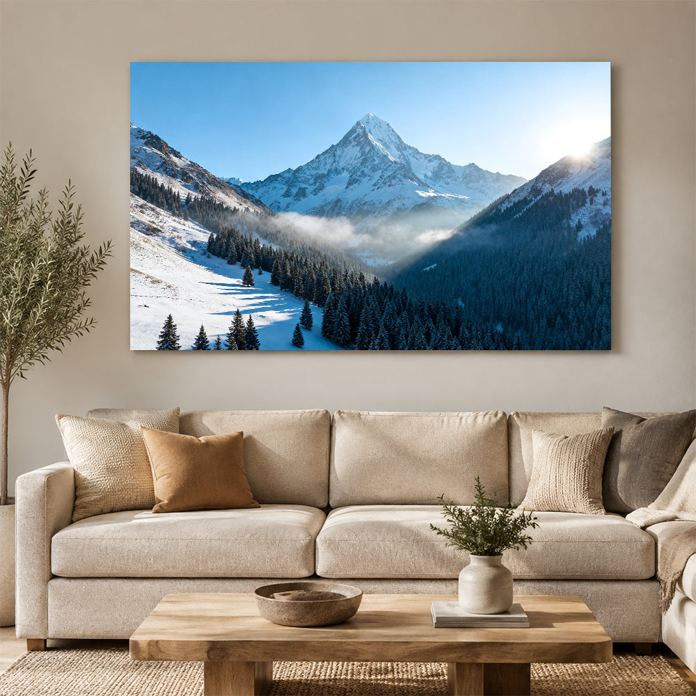 Blue Mountain above a Winter Valley canvas wall art, living room mockup.