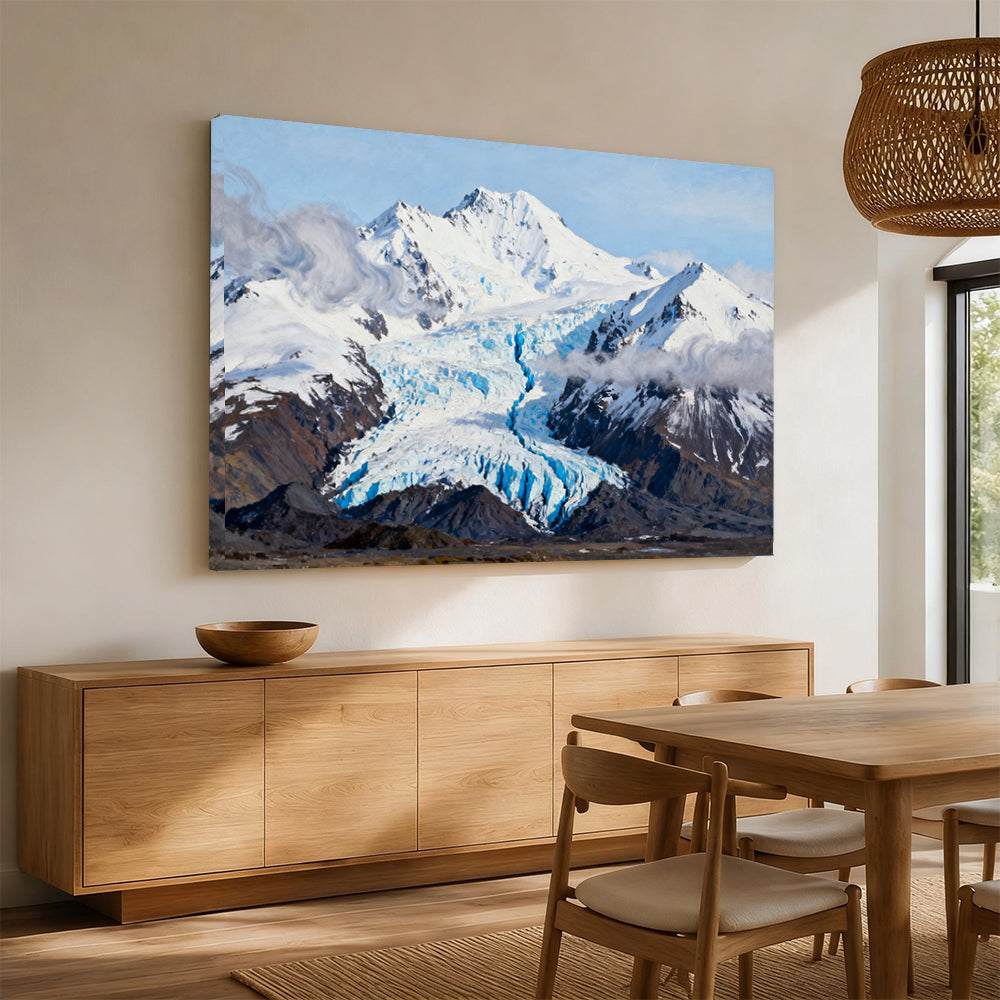 Blue Glacier below Snowy Peaks canvas wall art, dining room mockup.