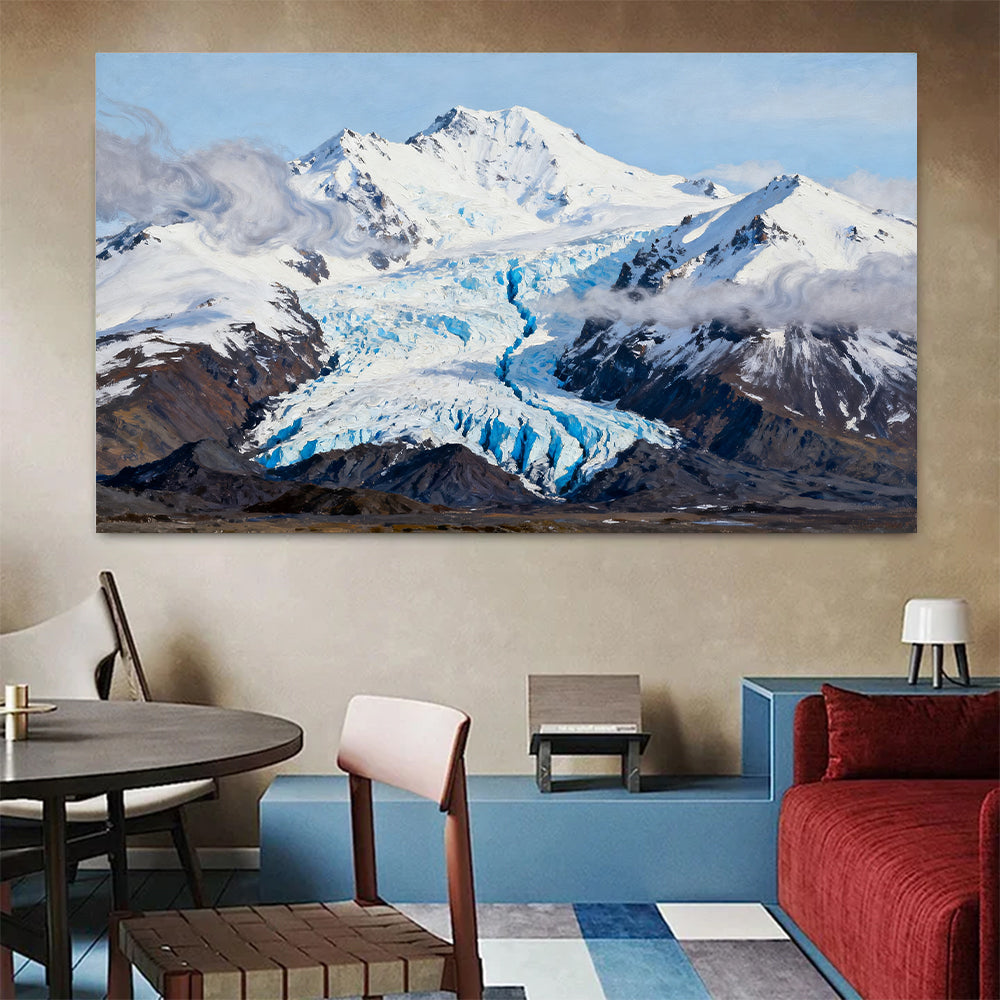 Blue Glacier below Snowy Peaks canvas wall art, living dining room mockup.