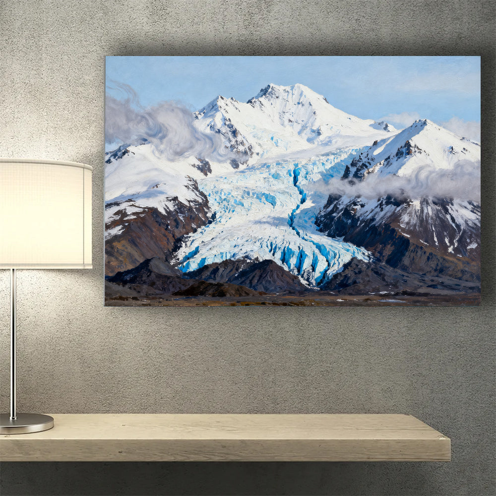 Blue Glacier below Snowy Peaks canvas wall art, desk mockup.