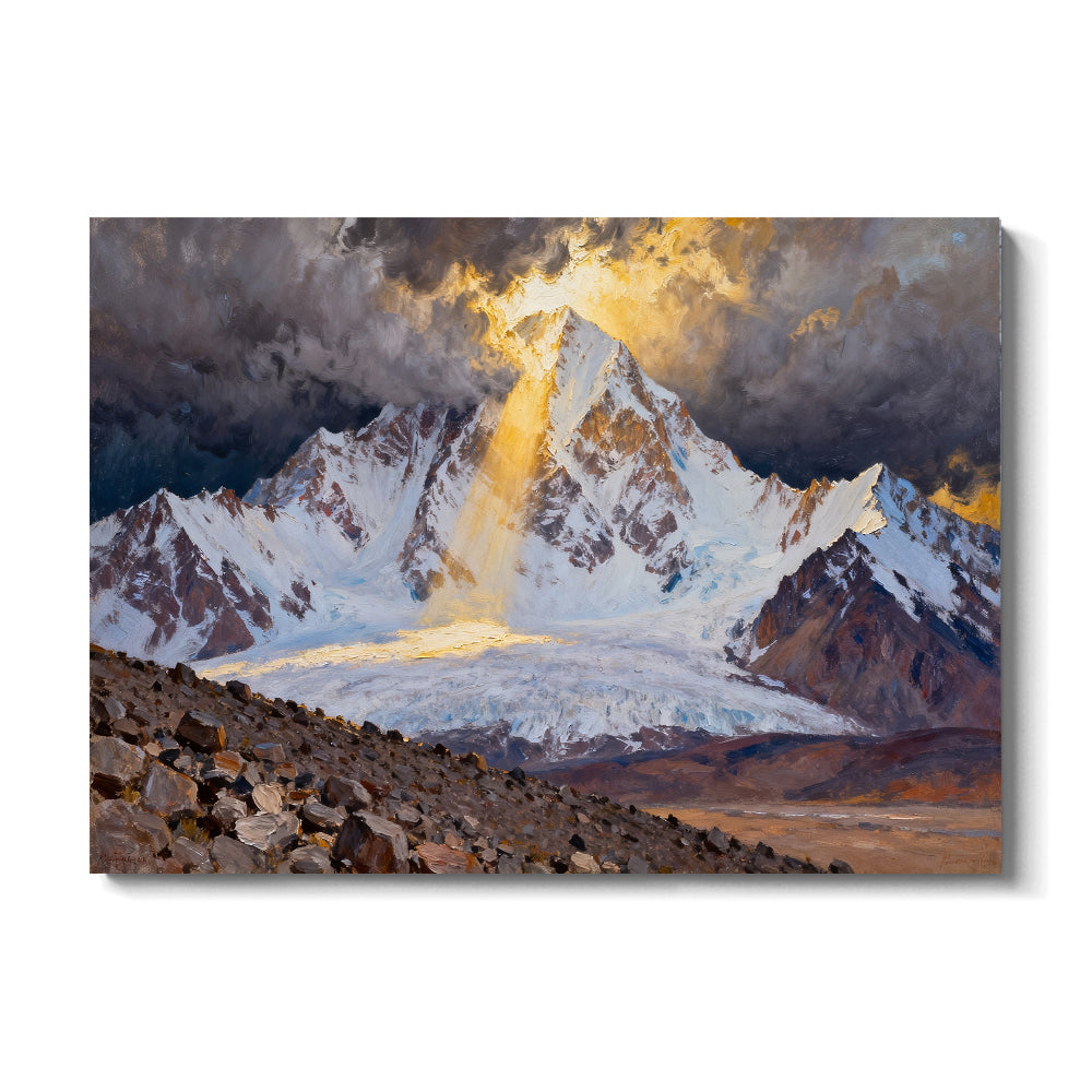 Golden Light on a Snowy Summit canvas wall art, front view on a white background.